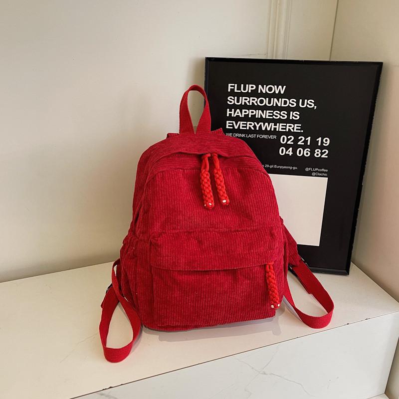 Solid Color Stripes Corduroy Backpack School Travel Functional Pocket Inner