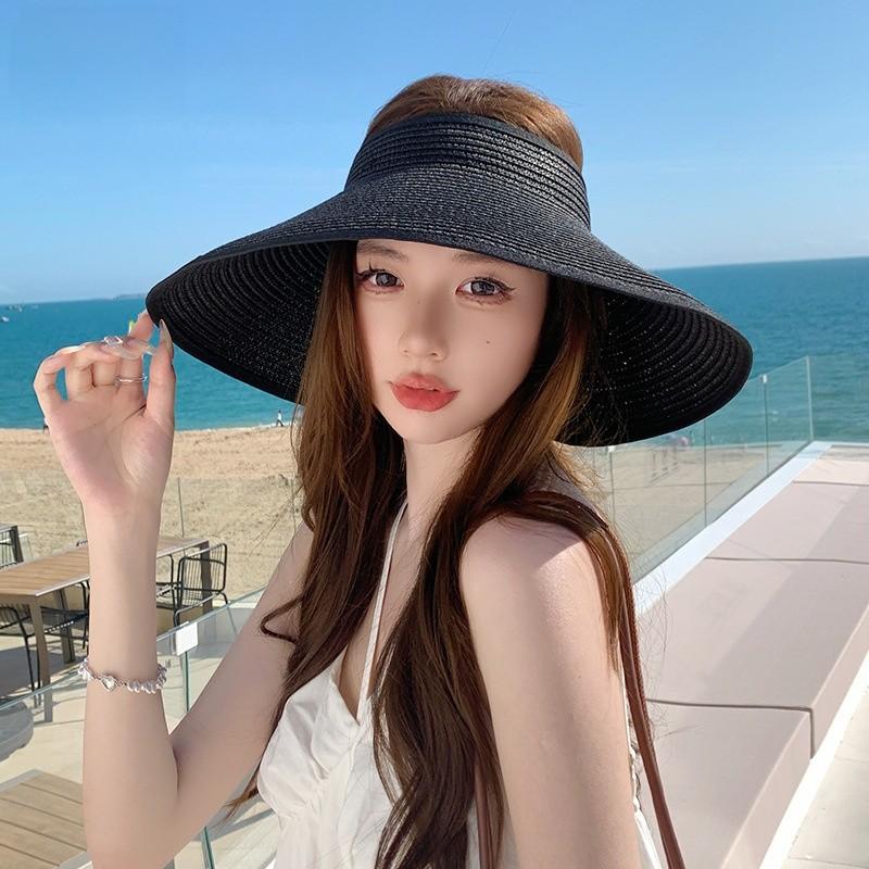 Summer Straw Visor Hat With Large Brim And Foldable Design For Beach And Outdoor Sun Protection