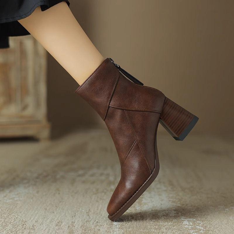 

Women s Vintage Brown Chunky Heel Ankle Boots, 2025 Autumn/Winter Martin Style with Back Zipper High Heel. 30-Day Warranty