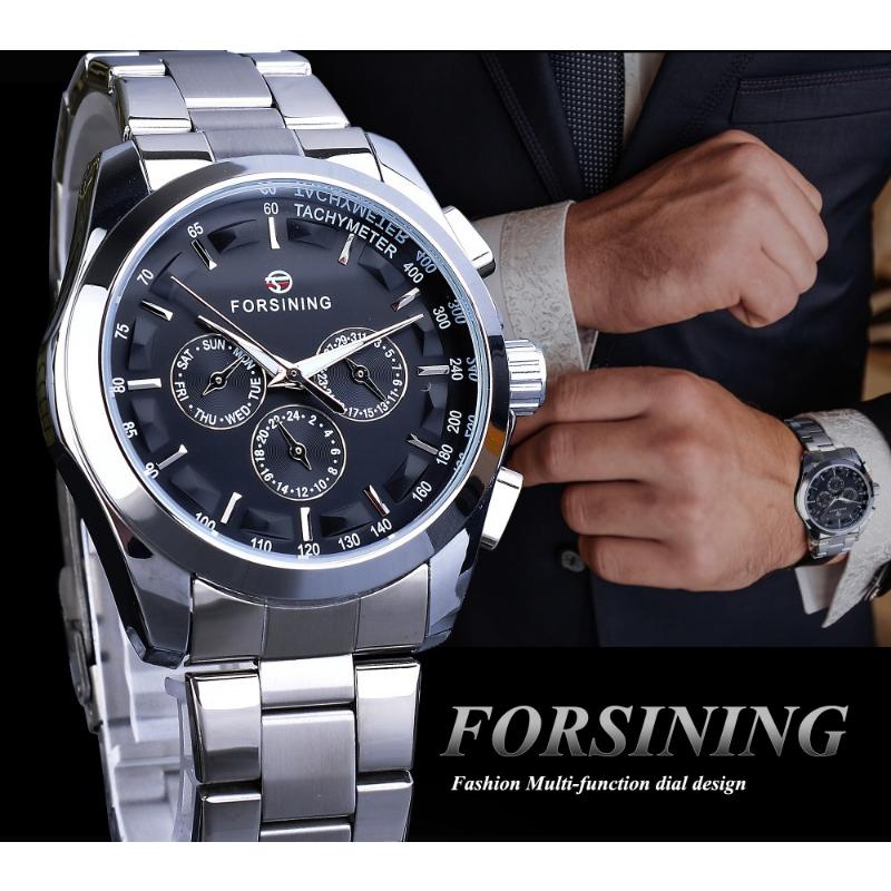FORSINING Orologio Meccanico Uomo Automatico – Quadrante Scheletrato Con Diamanti, Cinturino In Vera Pelle