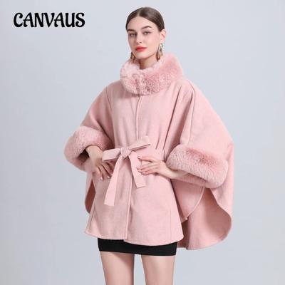 Winter Woman's Shawl Cape Jacket Fur Collar Knitted Laced Seven-point Sleeves Tweed Jacket Large Size Cardigan