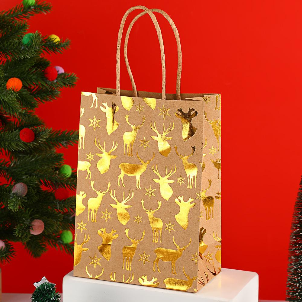 StoBag Christmas Kraft Paper Gift Bags Metallic Print Gift Wrapping Bags Paper Shopping Bags for Sweets Holiday Candy Treat
