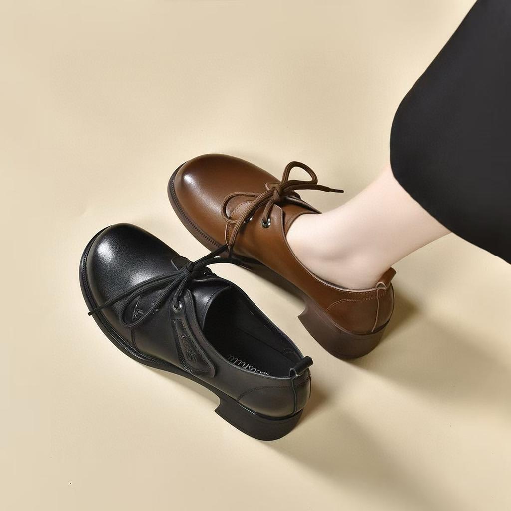 Round head small leather shoes women's autumn new mid-heel lace-up four-season small single shoes casual shoes