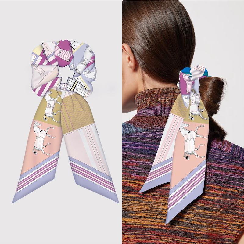 Girl Hair Silk Scarf Lady Elastic Scrunchies Ties Band Accessories Luxury Design Horse Print Ponytail Hairstyle Hairbands Ribbon