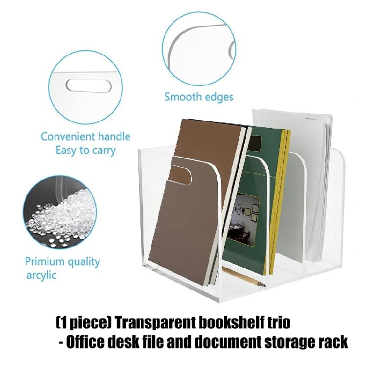 Elegant Transparency Storage Shelf File Rack For Books And Papers Magazine with 3 Compartment and Easy to Carry Handle