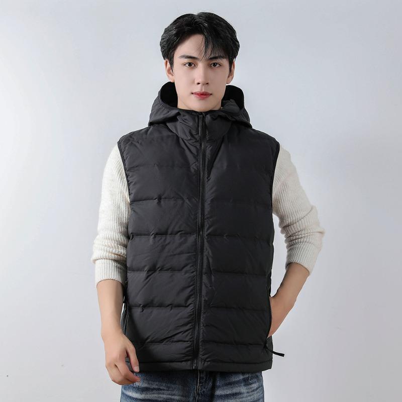 

Men s 90 fleece solid color men s hooded hooded vest seamless fabric down jacket vest jacket XXXL чёрный