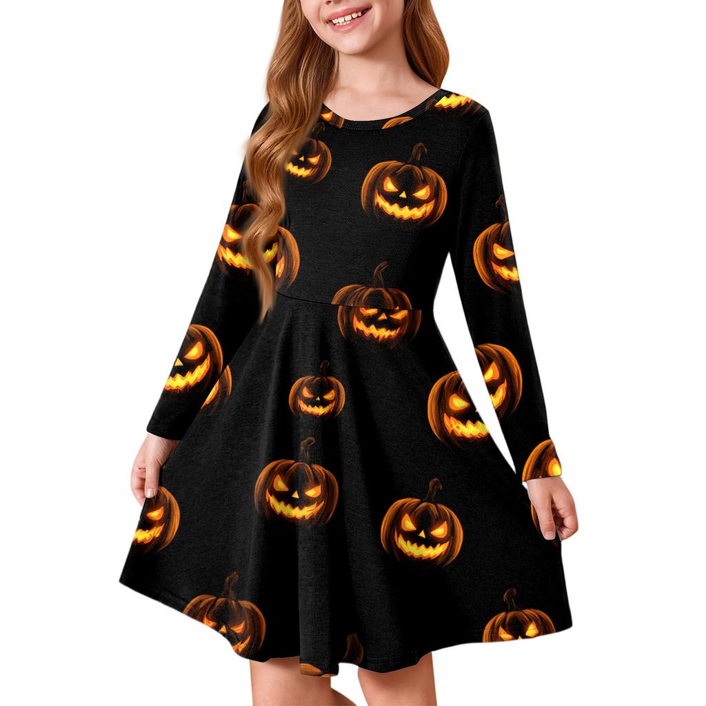 Girls' Summer Princess Dress Halloween Day- Long Sleeve A-Line T-Shirt Dress