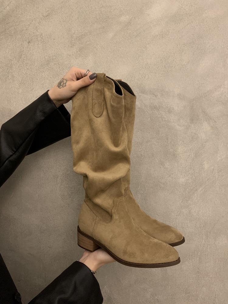Thick Heel Pleated Pile Long Knight Boots Shoes New Season Western Skinny Skinny Long Boots