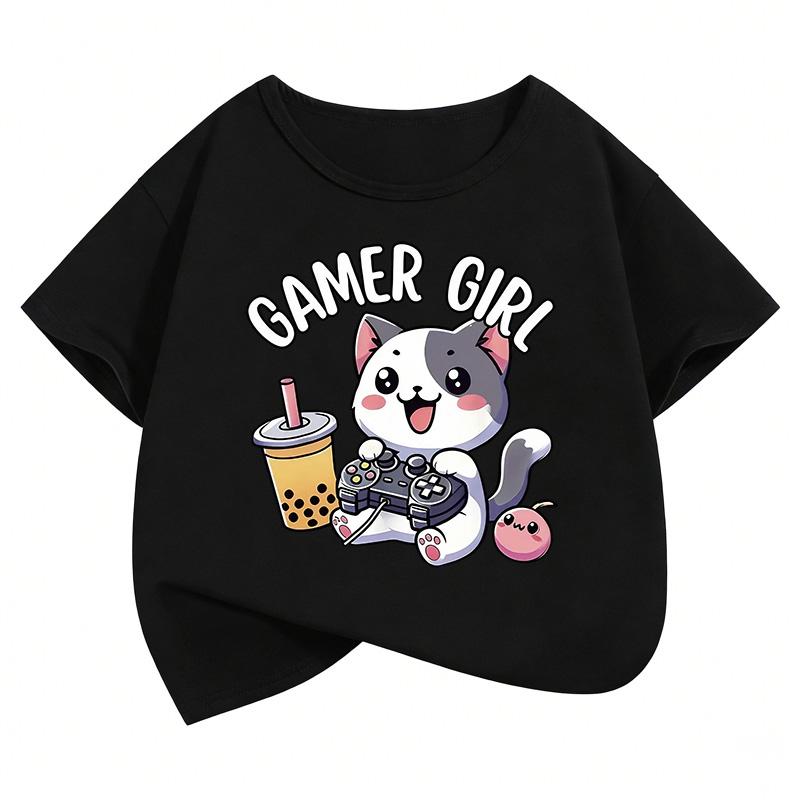

Funny Gamer Girl Cat Print Kids Short Sleeves T-Shirt Loose Casual Summer Outdoor Street Boy and Girl Tees Tops 100