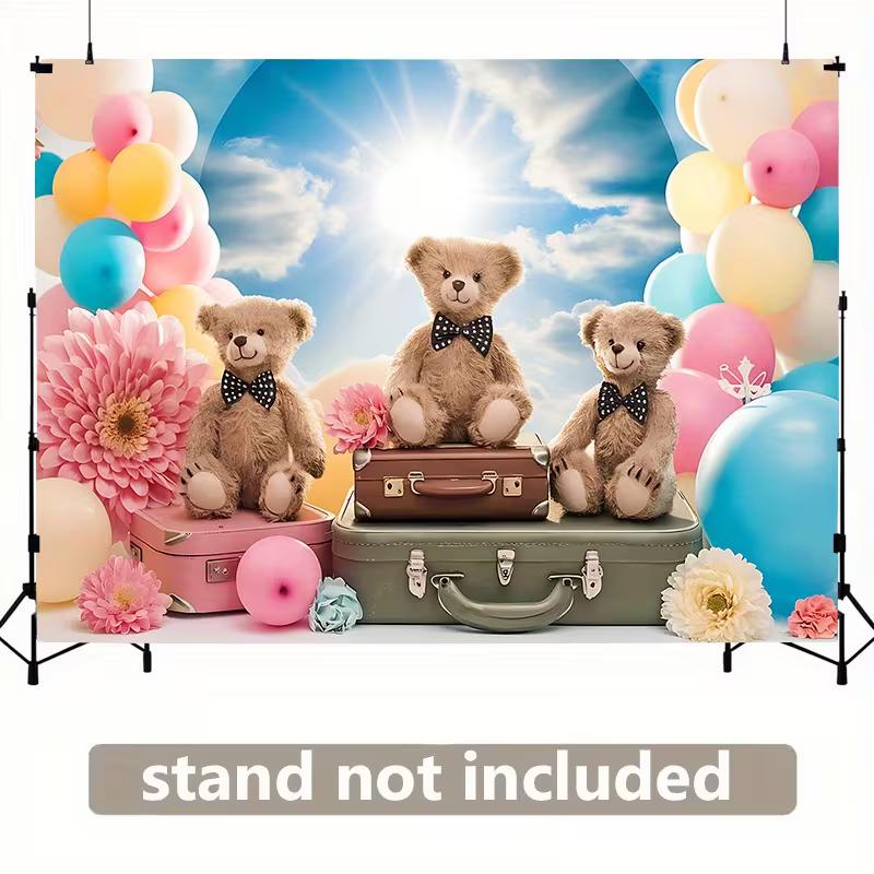 2D Adorable Bear with Bow Tie Backdrop Colorful Balloons Kids Photo Studio Background