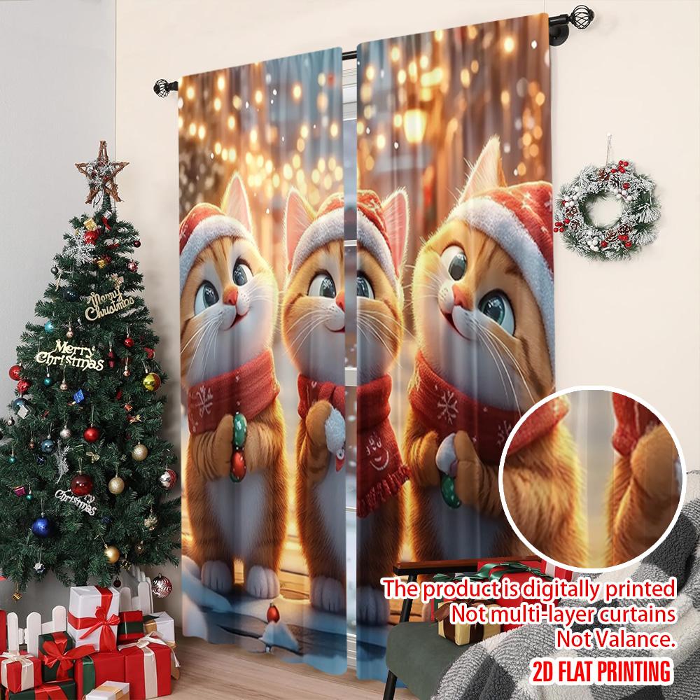 Set Of 2 Flat Printing Merry Christmas Window Drapes Cute Cat Candy Polyester Without Electricity Party Decorations Curtain