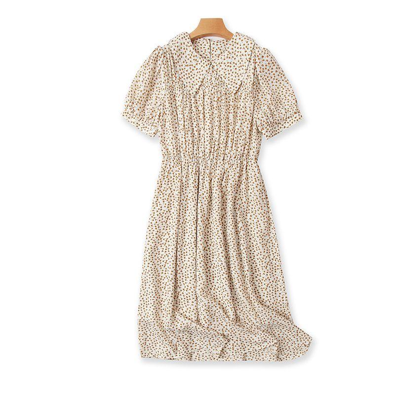 

Lapel Small Floral Dress Summer New Arrival Short Sleeve and Long Pattern Waist Trimming Versatile Female Slimming A- line Skirt N/10-4 Rice bottom flower All yards