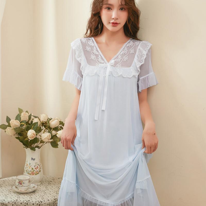 Síťované pyžamo Dámské s výstřihem do V Korejský Vintage Krajkový Elegantní Princezna noční košile s krátkým rukávem Domácí oblečení Midi šaty