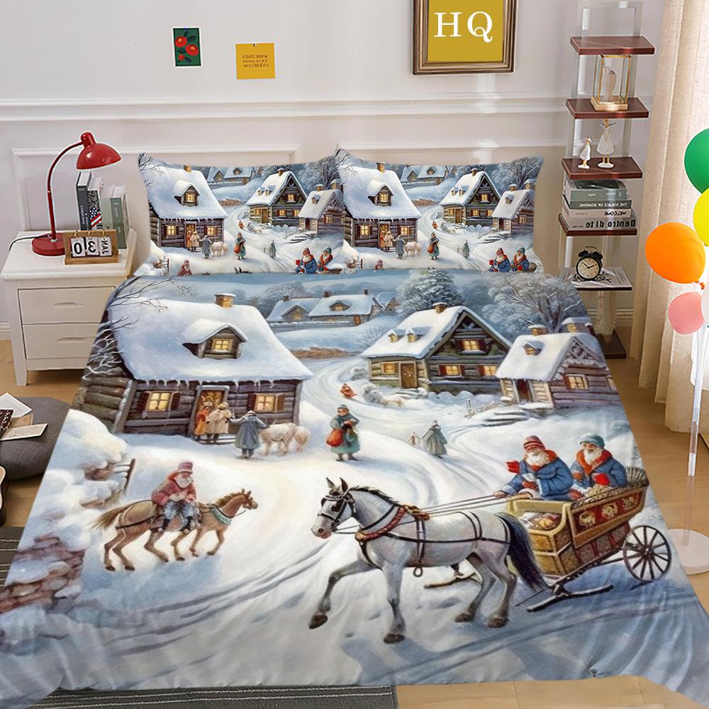 Christmas Carriage Snow Scene 3D Printed Polyester Pillowcase Quilt Cover Two Or Three-Piece Set Can Be