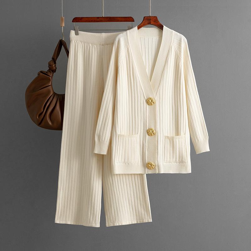 Autumn and Winter New Solid Color Loose Metal Button Cardigan Set + Wide-leg Pants Two-piece Set for Women
