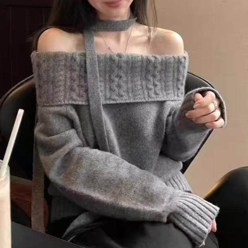 

Модный элегантный вязаный пуловер с открытыми плечами, женский свитер в корейском стиле, с открытым плечом, повседневный простой топ, осенне-зимняя свободная верхняя одежда one size серый