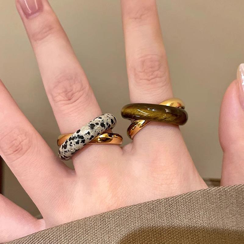 Fashion Double Layers Spotted Natural Stone Metal Round Circle Cocktail Rings For Women Gold Plated Alloy Finger Ring Gifts