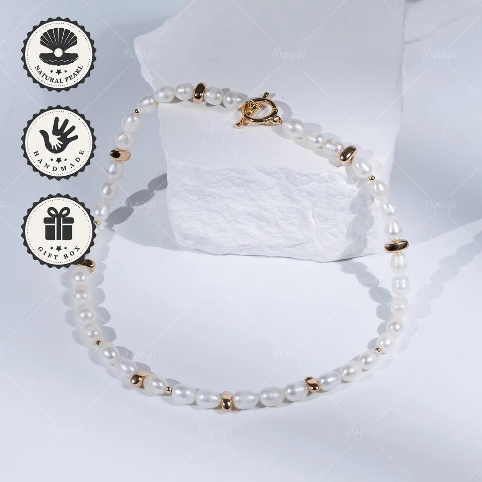 MYSOYA 7-8mm White Freshwater Pearl Rice Shape Necklace C548 14-inch