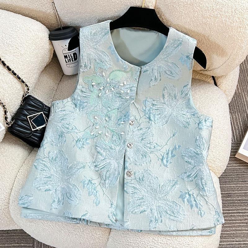 

Новый универсальный модный топ-жилет с высоким воротником-стойкой, жаккардовой вышивкой и высококачественным бисером. L (recommended 100-56kg) синий