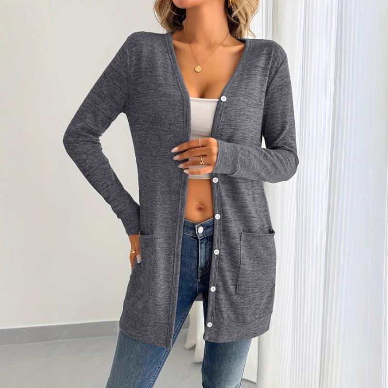 2025 European and American Autumn and Winter Solid Color Loose Long Sleeve Pocket Cardigan Jacket Women's New Style