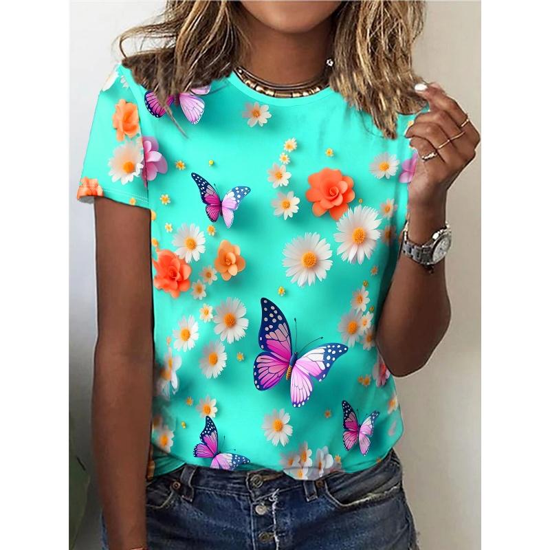 3D Printed Flower Plants T Shirt For Women Butterfly Graphic Short Sleeves Summer Street O-Neck Tees Tops Loose T-Shirts
