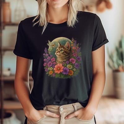 Fairycore Kitten Moon Wildflowers Tee Whimsical Floral Lunar T-Shirt