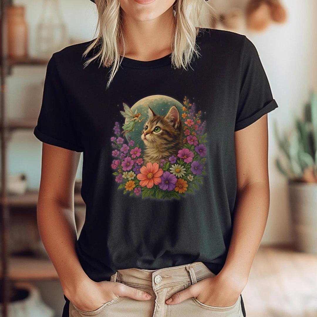 Fairycore Kitten Moon Wildflowers Tee Whimsical Floral Lunar T-Shirt S