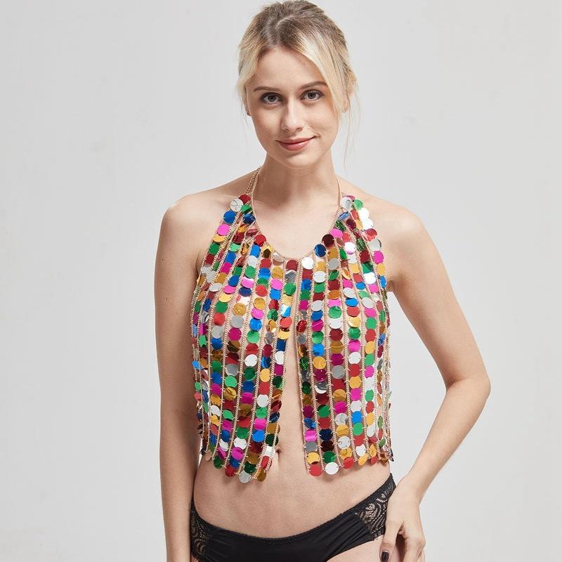Chaîne de Soutien-gorge Mode Débardeur Chaîne à Sequins Couleur Soutien-gorge Fille Sexy Dos Nu Cardigan Haut Creux Érotique Chaîne de Corps Bijoux