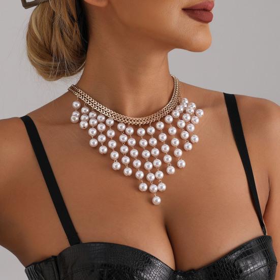 Boho Kunstperlen Choker Damen Halskette mit klobigen runden Kunstperlen Quasten Große Perlen Statement Kragenhalskette für Partys Hochzeiten Versammlungen