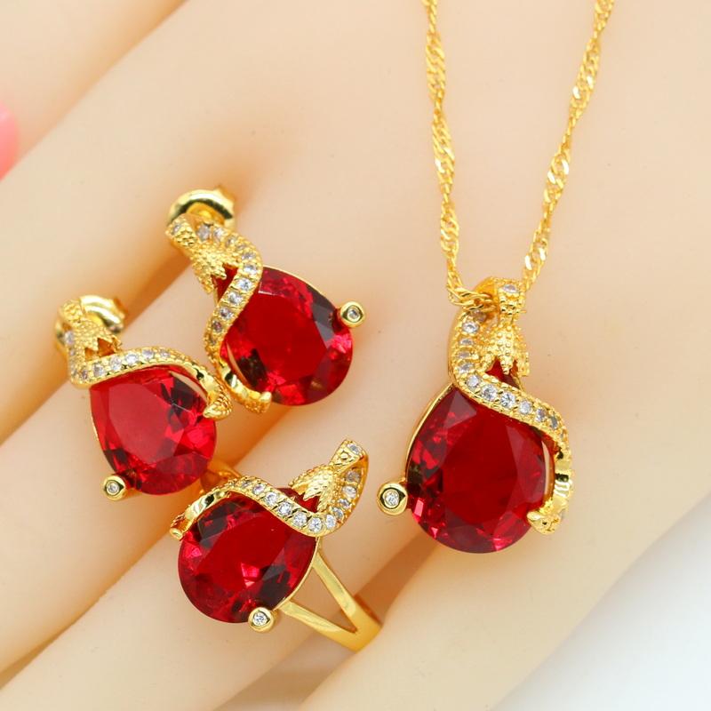 

Pear Shaped Red Blue Stones Gold Color Jewelry Set For Women Stud Earrings Necklace Pendant Rings Gift Box 8