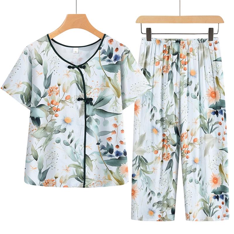 

Summer Casual Grandma Two-Piece Set: Printed Short Sleeve Top + Long Pants for Middle-Aged & Elderly Women 4XL (140-160 jin)