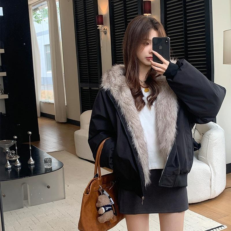 Korean lamb wool coat women's autumn and winter velvet thickened cotton-padded clothes on both sides, winter cotton-padded jacket hooded thick cotton-
