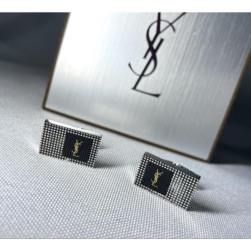 Used YVES SAINT LAURENT YSL Silver & Gold & Black Square Vintage Cufflinks Cufflinks Button with Case