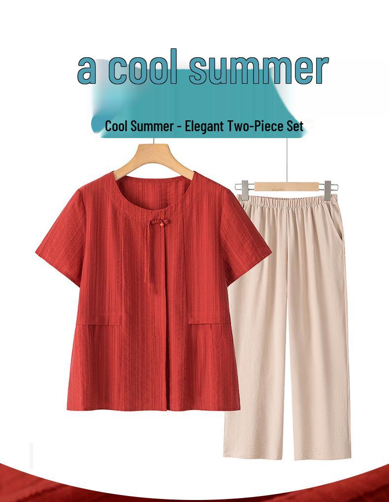 Tencel Kurzarm Oberteil im chinesischen Stil für Frauen mittleren Alters - 2025 Sommer Zweiteiler