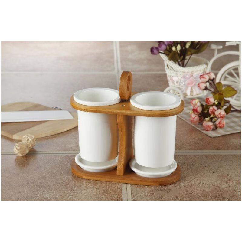 Qianxing Ceramic Double Chopstick Holder with Bamboo Stand