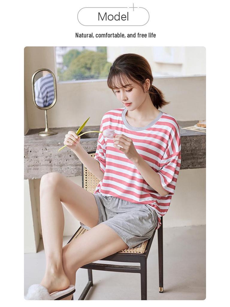 Women's Summer Three-Piece Modal Pajama Set with Bra Pads - Short Sleeve Top, Shorts, and Long Pants for Indoor/Outdoor Wear