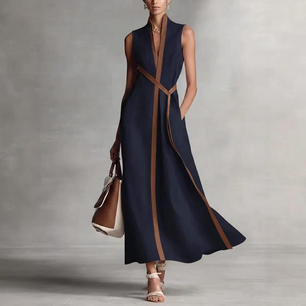 2026 Spring European & American Women's Color Block Sleeveless V-neck Cotton Linen Elegant Dress
