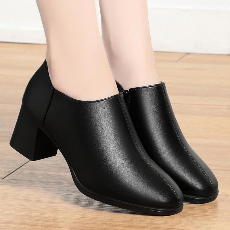 Fashion Casual Spring and Autumn Shoes Single Shoes Deep Heel Women's Shoes Women's Leather Shoes Square Head