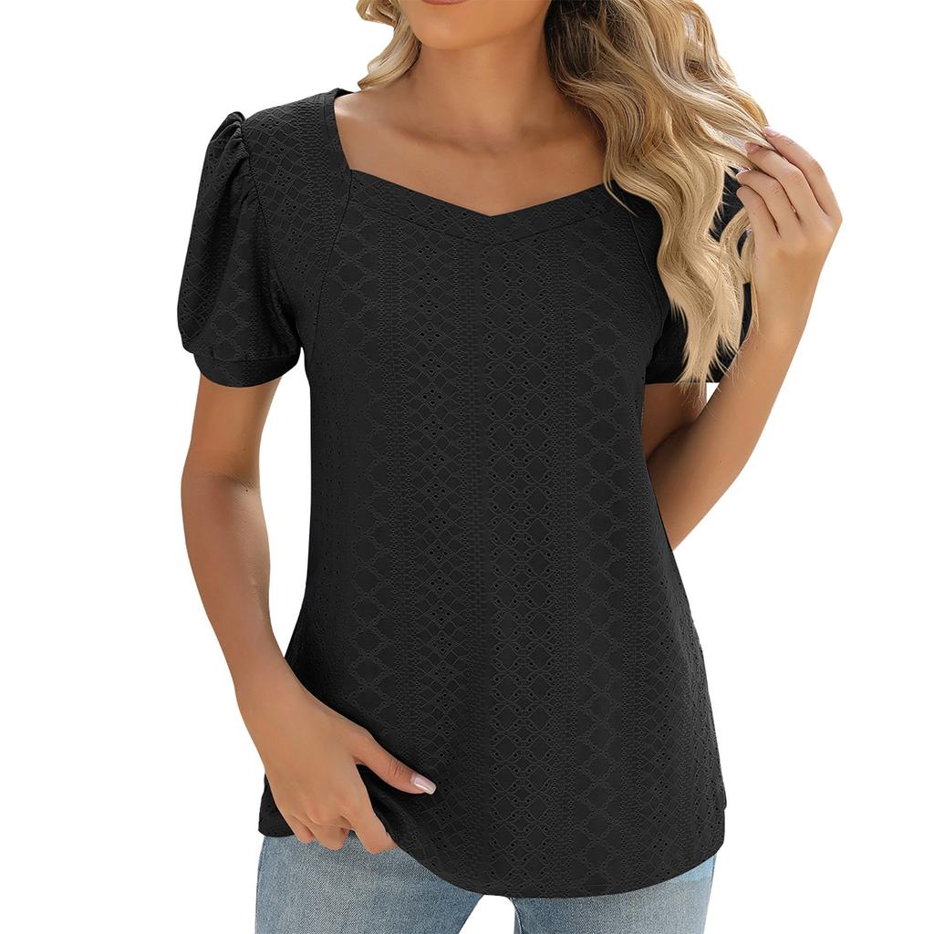Women's Fashion Square Neck Splicing Solid Color Short Sleeve
