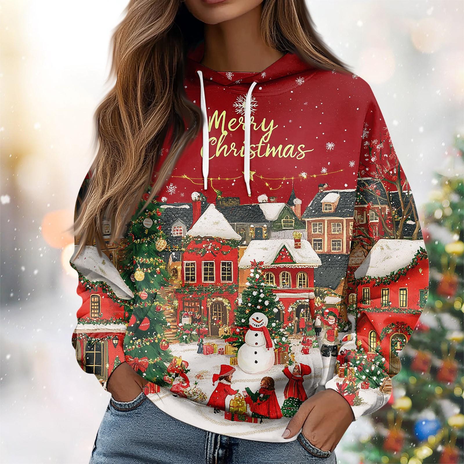 

Женская повседневная свободная толстовка с капюшоном и длинным рукавом с рождественским принтом на завязках XL