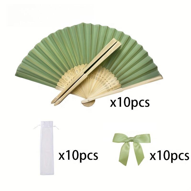 

10/20/30 Fresh Green Wedding Fan Set Ladies Handheld Folding Fans with Bowknots and Transparent Mesh Bags for Weddings Baptisms