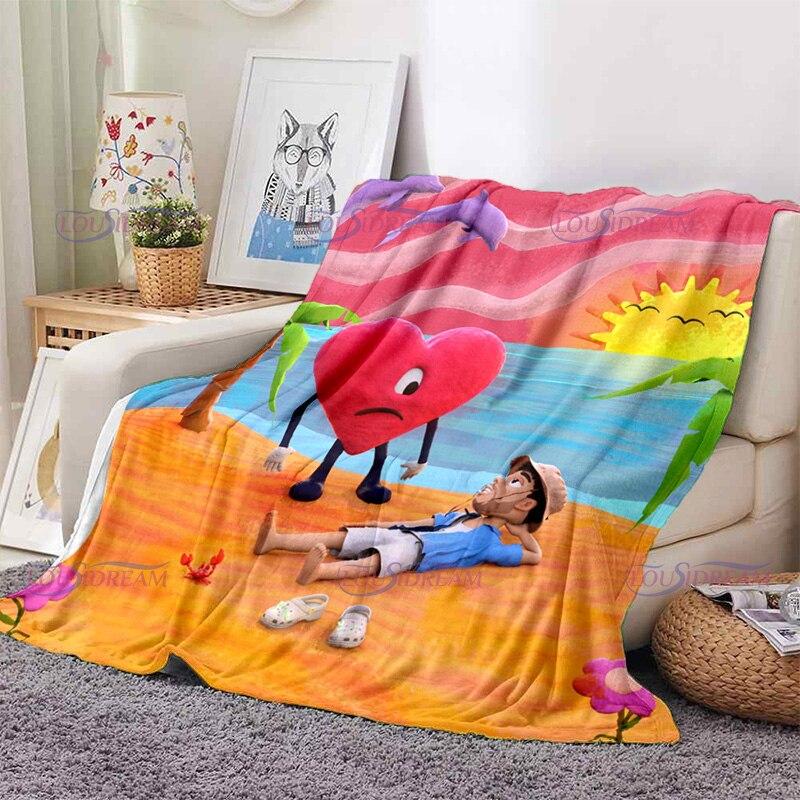 Cartoon Bad Bunny Blanket Flannel Blankets Pop Latin Music Warm Plush Fleece Throw Blankets for Aldult Sofa Bedding All Season
