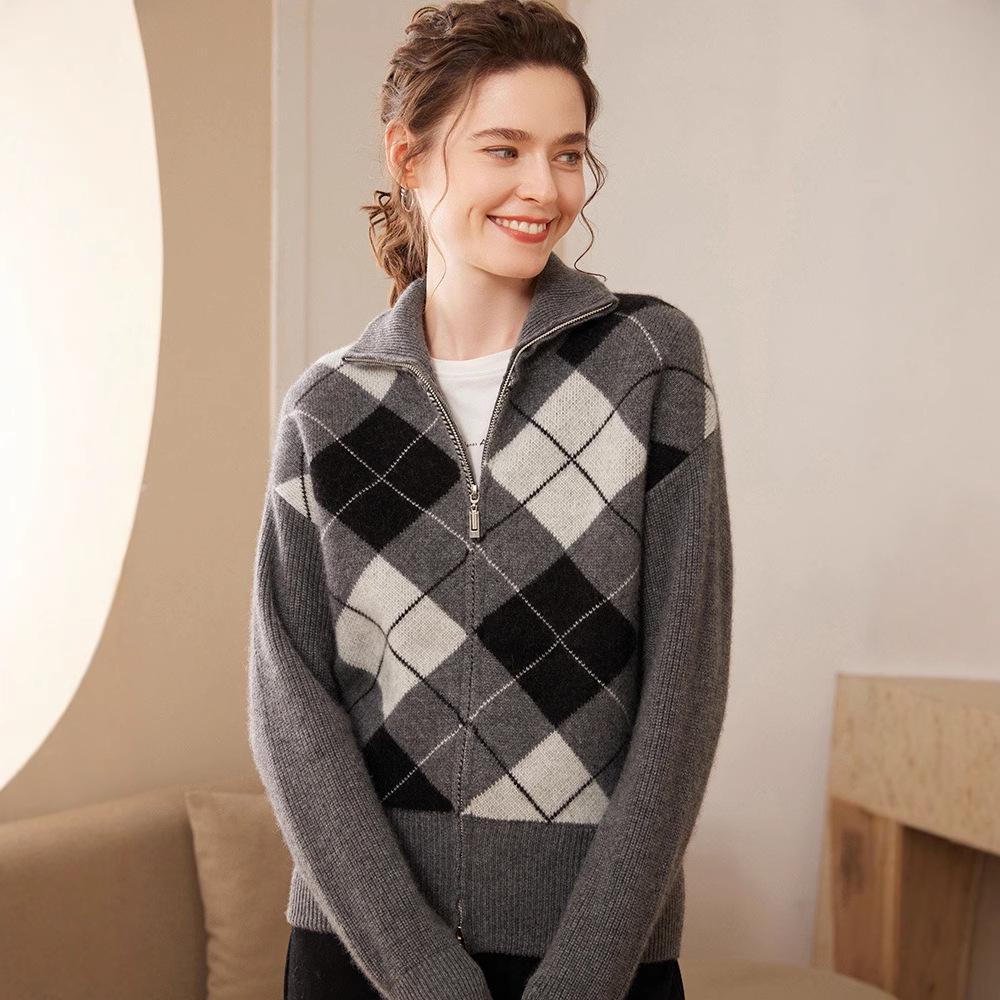 Women's Long Casual Cashmere Knit Cardigan - Diamond Zipper, Versatile, Warm, Comfortable, Soft, Loose, Thick Coat