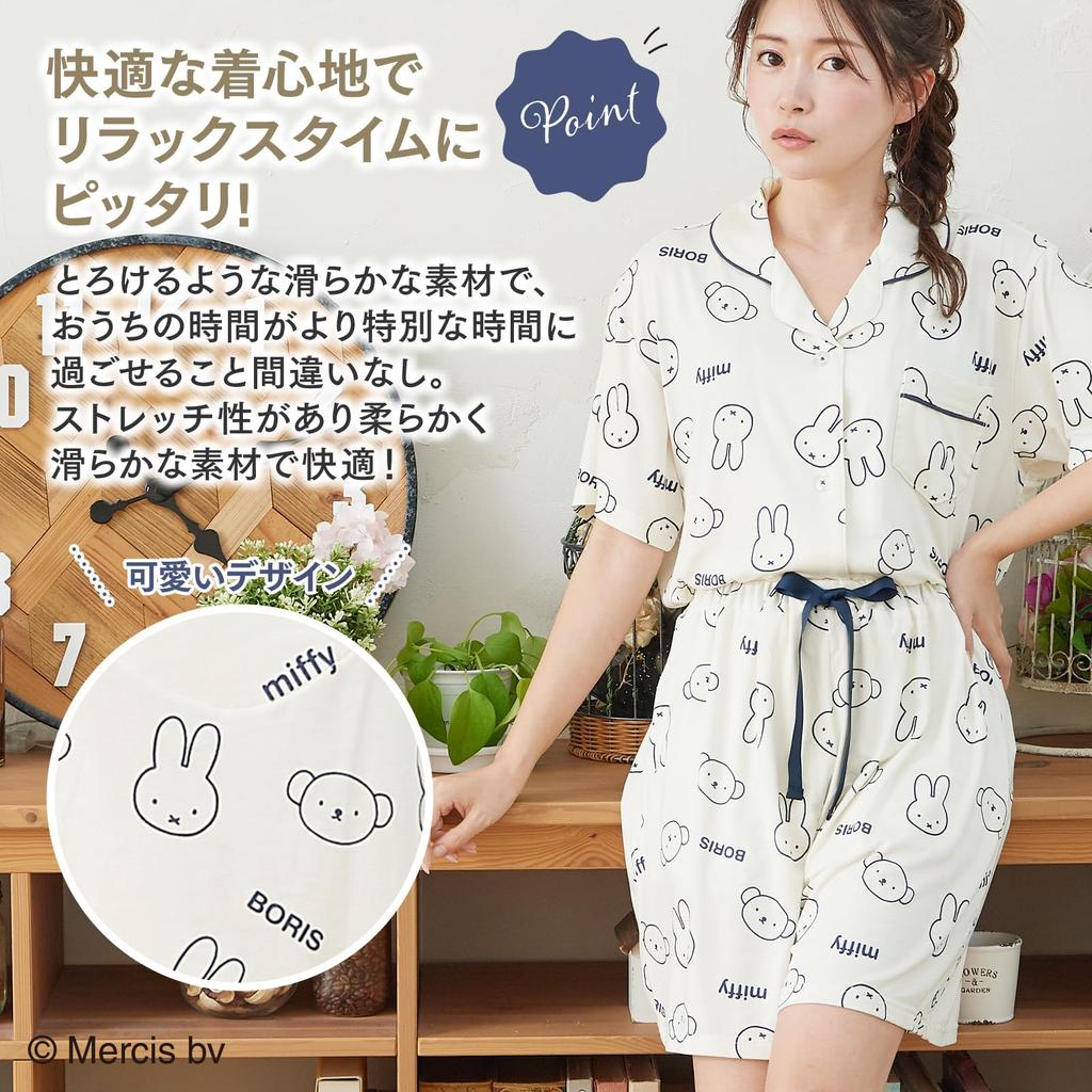 Luanna Jena Miffy Pajama Short Sleeve Shirt and QWMI05 Women's Set, Shorts, Spring/Summer, (L, Off-White)