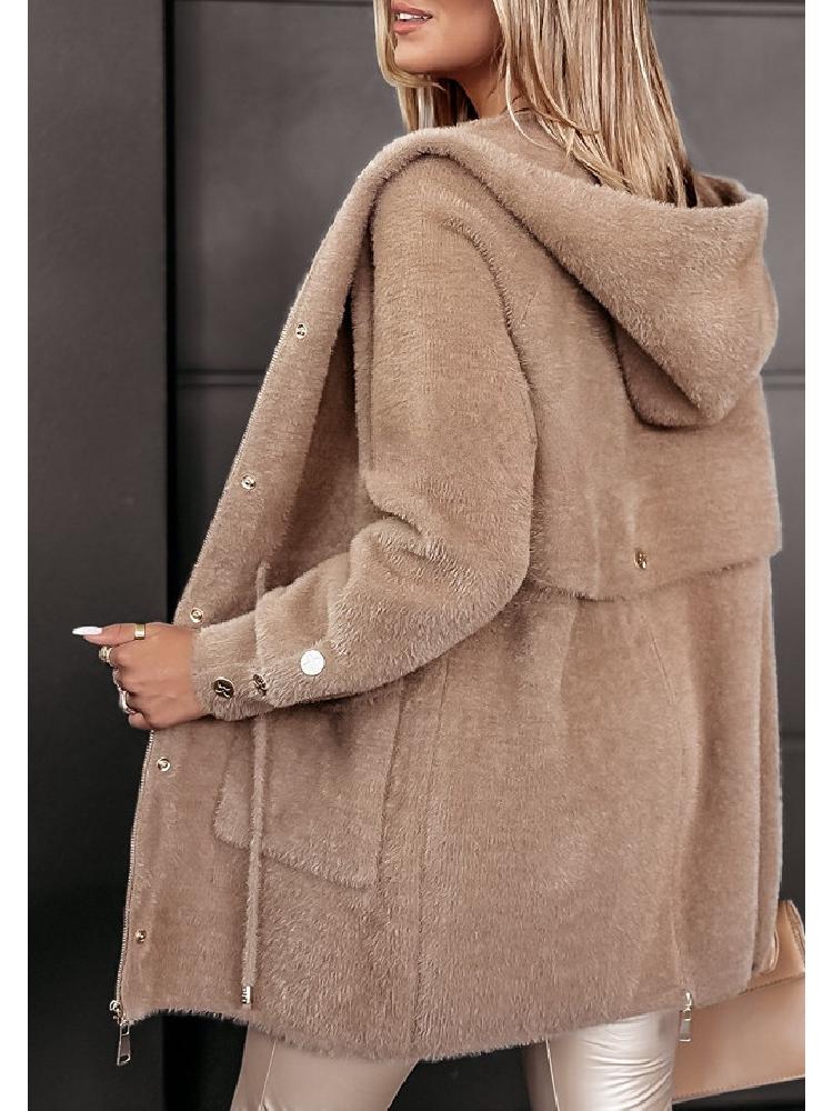 2024 Urban Fashion Hooded Woolen Coat with Drawstring Waist & Metal Buckle Zipper