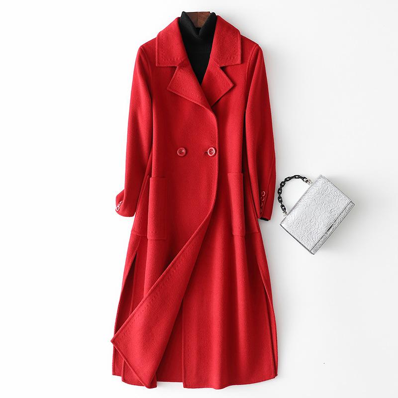 

Double-sided cashmere coat women s medium and long high-end slim-fitting and thin woolen coat women s handmade wool S червоний