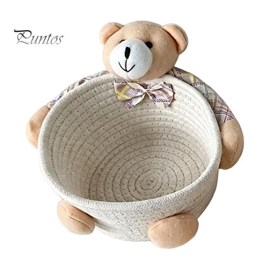 Gentle Color Storage Basket Desktop Basket, Cartoon Plush Bear And Rabbit Rope Decorative Plaid Bow Organizer Shape, Woven for Small Items Jewelry
