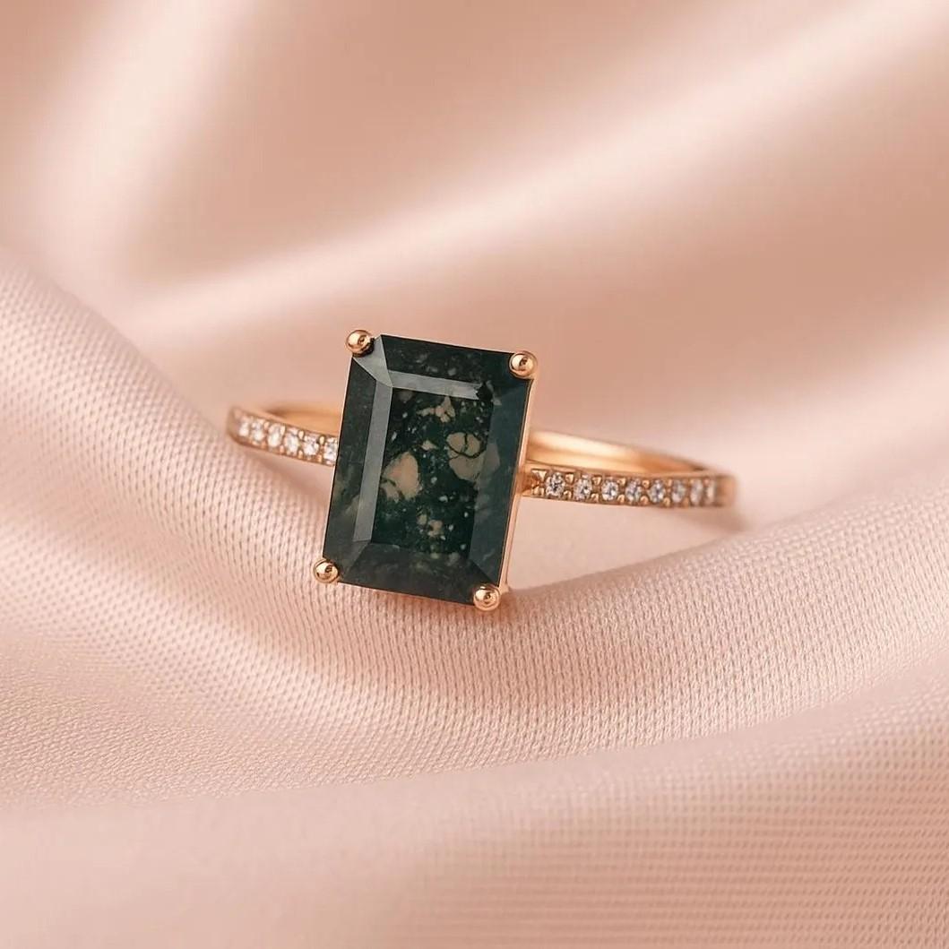 

Кольцо с моховым агатом изумрудной огранки: Свадебное кольцо для ношения в комплекте с другими, с покрытием из розового золота: Свадебные украшения из кубического циркония для женщин Q розовый