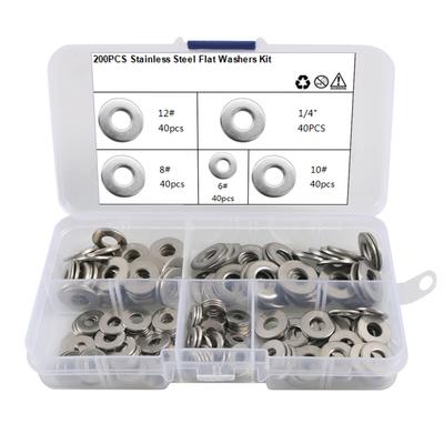 200Pcs Boxed 304 Stainless Steel Flat Washer 1/4" 6 8 10 12 Each 40Pcs