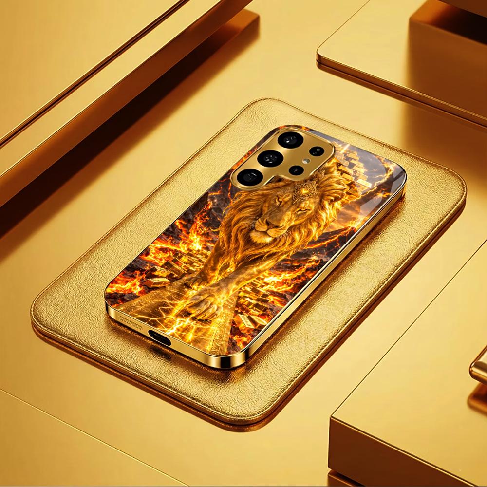 Gold King Lions High-end PhoneCase Electroplated Glass PhoneCase for Samsung Galaxy S26 S25 S24 S23 S22 S21 FE,Ultra,Plus